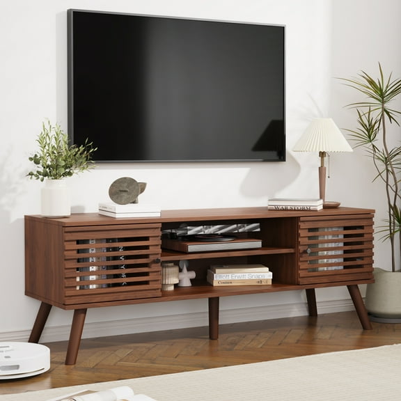 53" Mid Century Modern TV Stand for 50/55/60 inch TV, TV Media Console with Storage for TVs up to 60", Entertainment Center with Slatted Doors for Living Room, Bedroom, Walnut