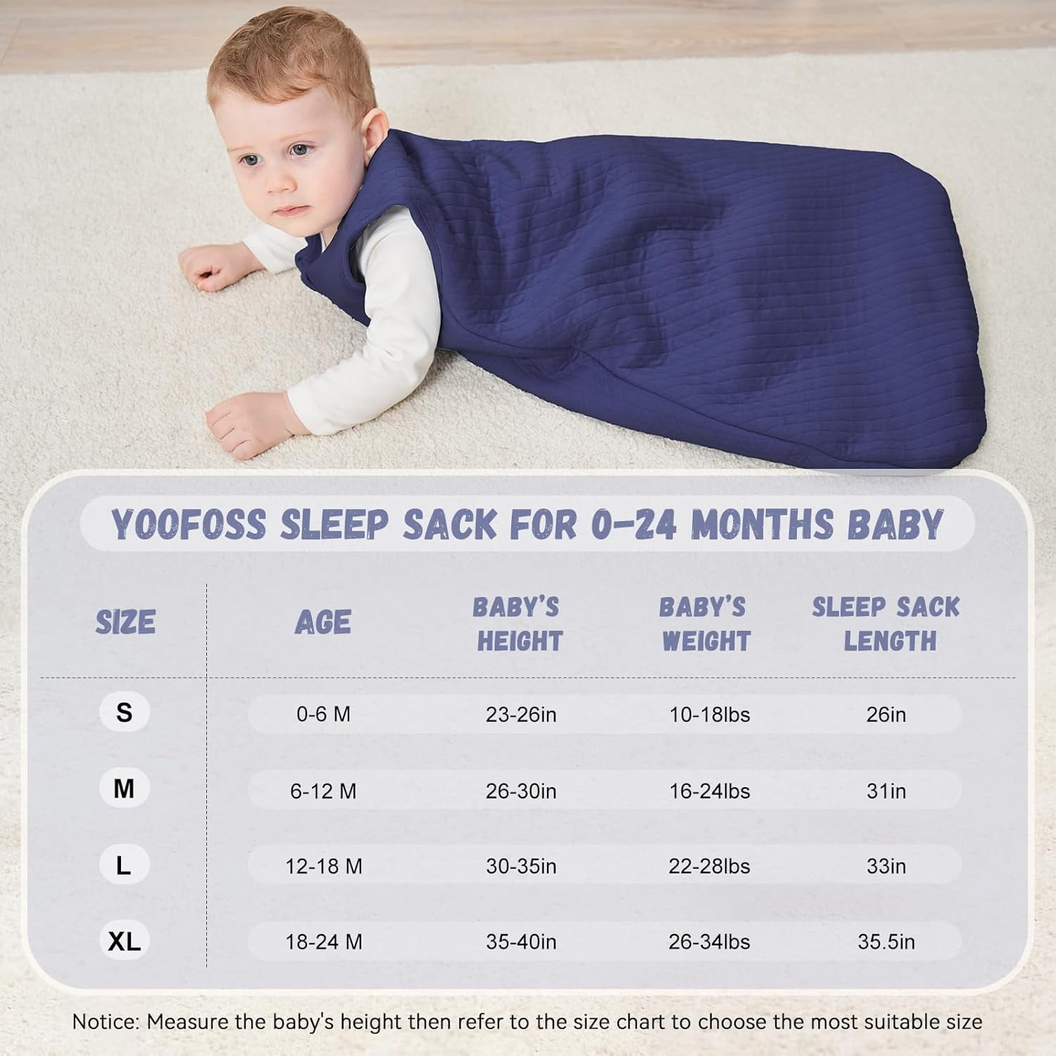 Yoofoss Baby Sleep Sack 12-18 Months TOG 2.5 Winter Baby Wearable Blanket, 100% Organic Cotton Infant Sleeping Sack 2-Way Zipper Warm Quilted Sleep Sack