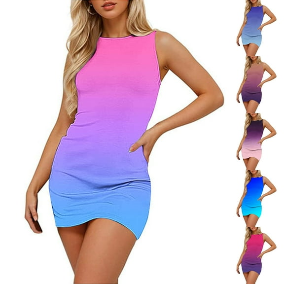 Ahuyic Womens Casual Dress,Womens Plus Size Dress,Ladies Summer Comfortable Sleeveless Round Neck Printed Mini Dress,Blue,S