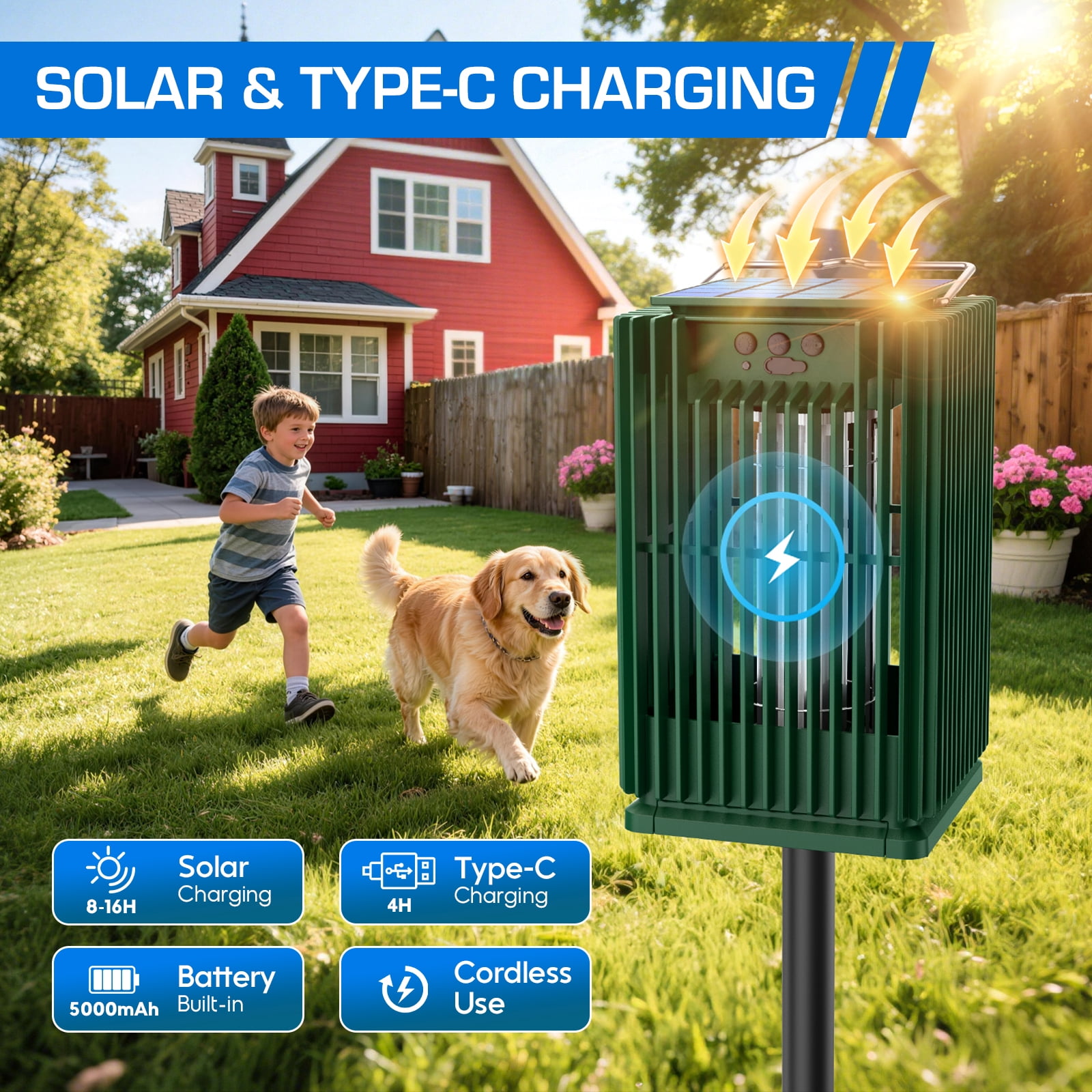 Solar Bug Zapper Outdoor, 4200V Waterproof Electric Mosquito & Fly Killer Lamp, Insect Trap for Patio & Garden, Green