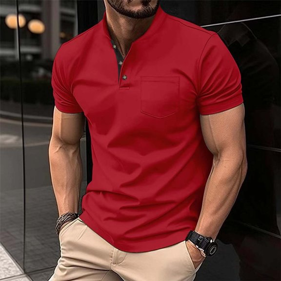 Elvqul Mens Short Sleeve Shirt Henley Summer T-Shirt Pocket Fashion Quick Dry Classic Pullover Tee for Men Red