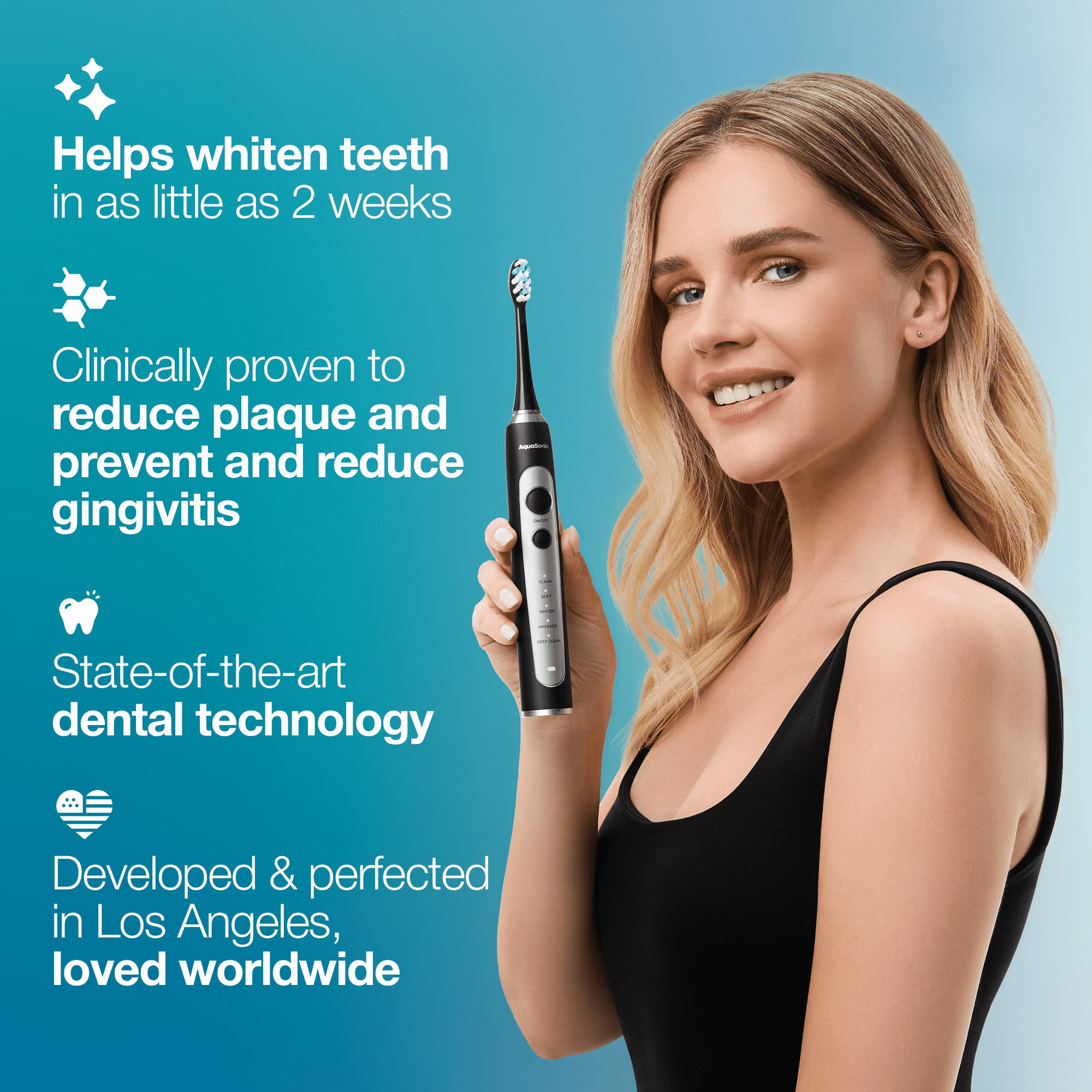 AquaSonic Precision Rechargeable Electric Toothbrush, 5 Modes, 4 Brush Heads, Travel Case, Black
