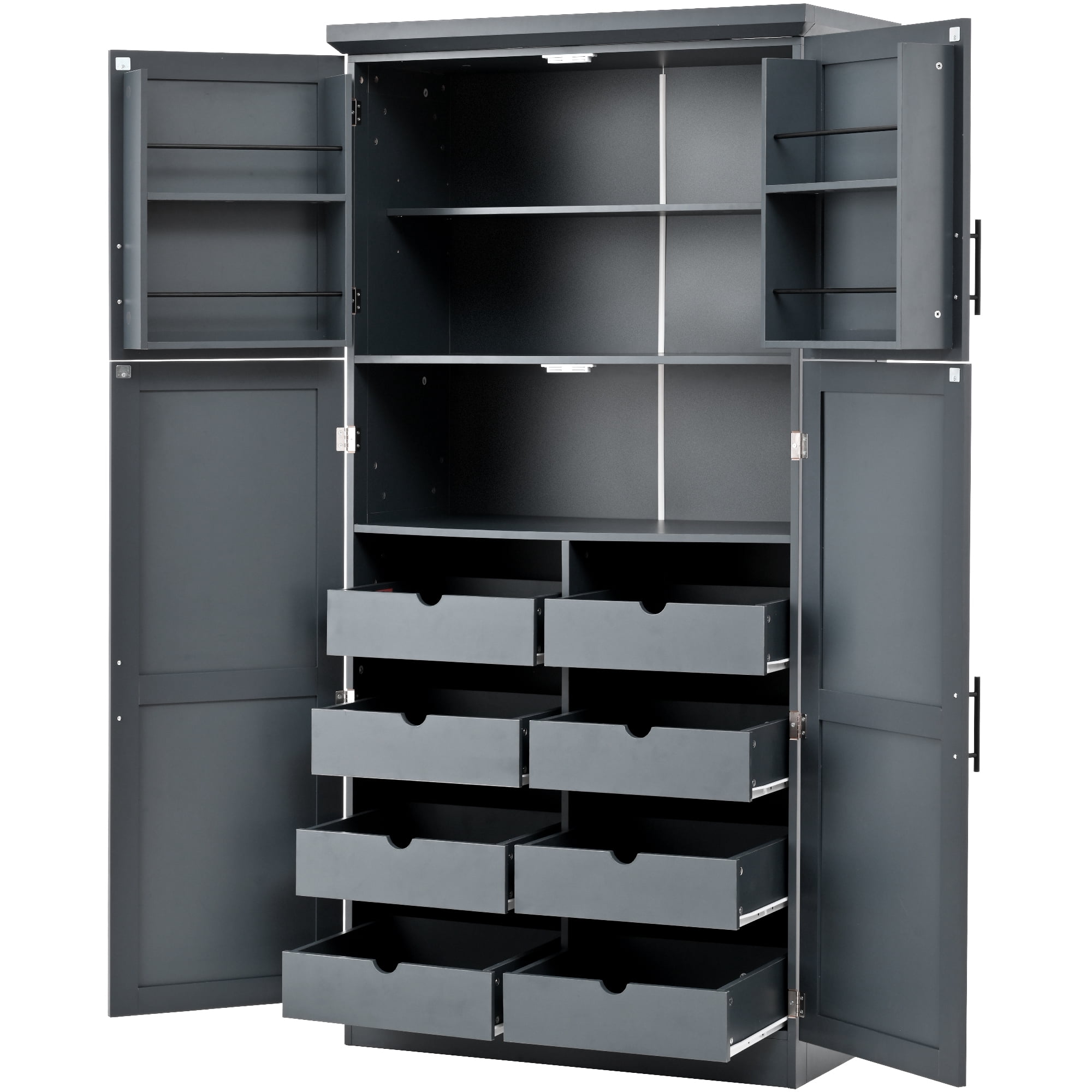 Aukfa 71" Tall Kitchen Pantry Cabinet, 4-Door Freestanding Pantry Hutch Storage Organizer with 8 Pull-Out Trays,Gray