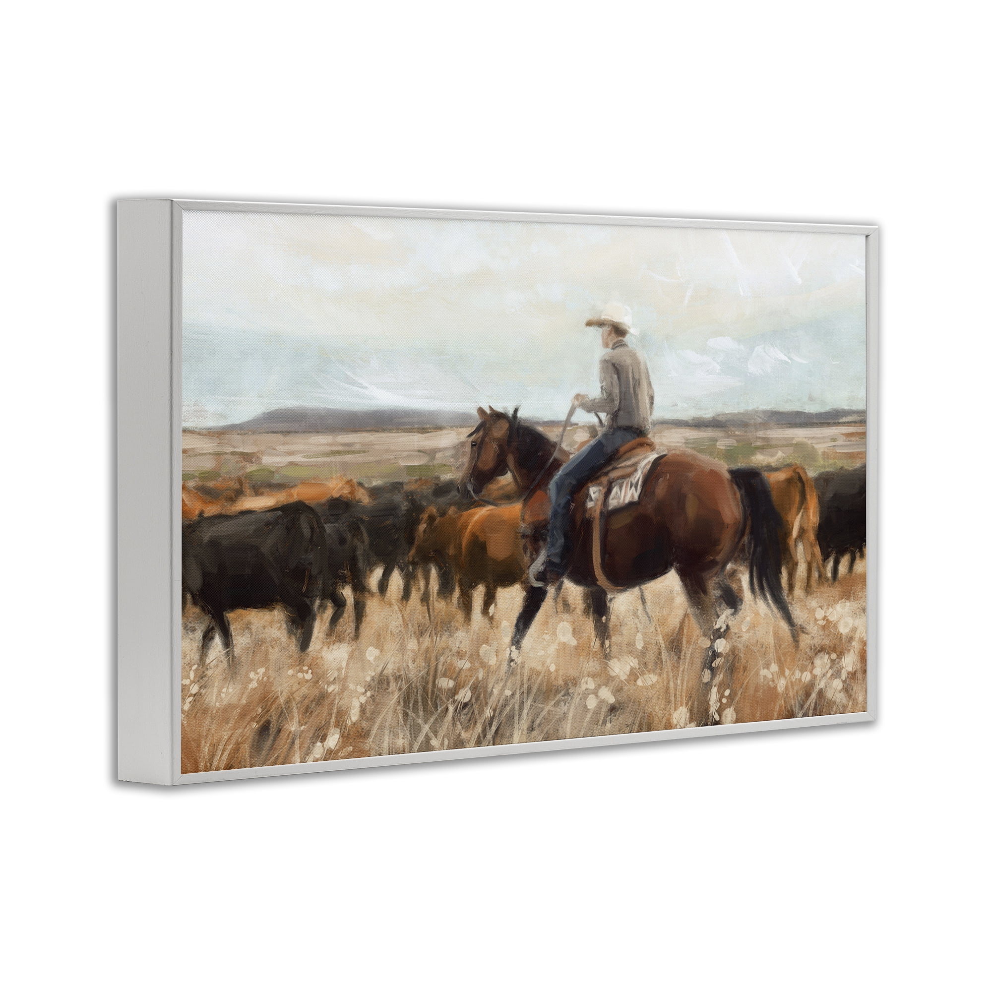 Stupell Industries Cowboy Rounding Cattle Landscape Painting White Framed Art Print Wall Art, 30 x 20