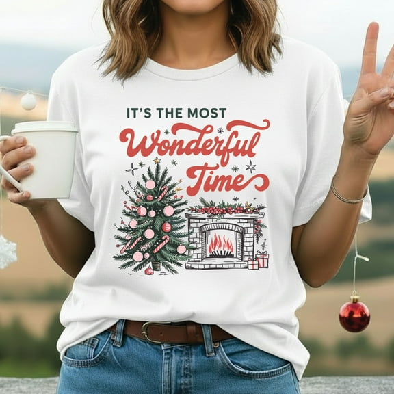 It’s the Most Wonderful Time T-Shirt – Cozy Holiday Graphic Tee with Christmas Tree & Fireplace, Cute Christmas Shirt for Women