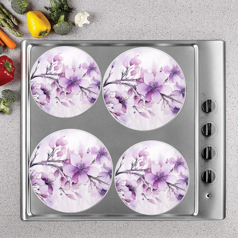 BaHomeck Electric Stove Burner Covers Set of 4,Round Metal Gas Stove Burner Covers 8 Inch and 10 Inch,Kitchen Decor,Purple Cherry Blossoms With Delicate Brush Strokes Against White Background