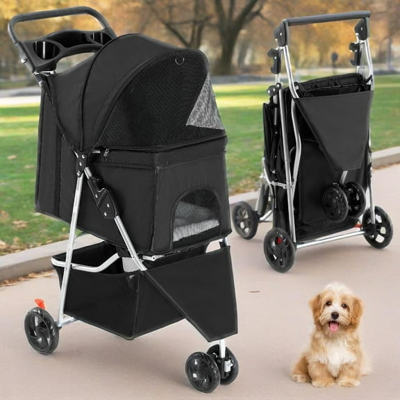Xyrenta Compact Pet Stroller, Lightweight, Foldable & Comfortable for Dogs & Cats - Black