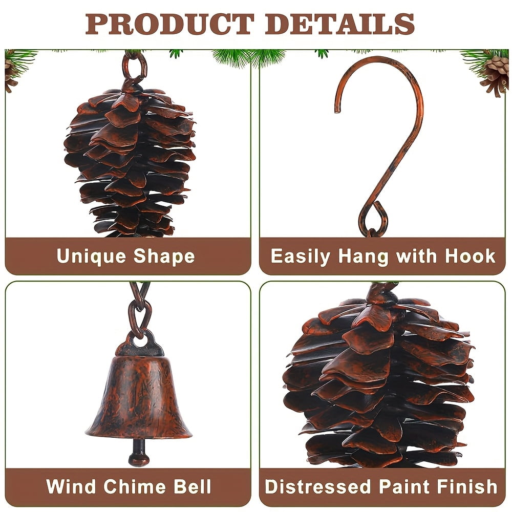2 Pcs Pine Cone Wind Chimes Outdoor Hanging Decor, Rustic Metal Pinecone Chime with Bells for Garden Patio Porch Decoration, Decorative Wind Chime Ornament for Spring Home Yard Balcony Gift