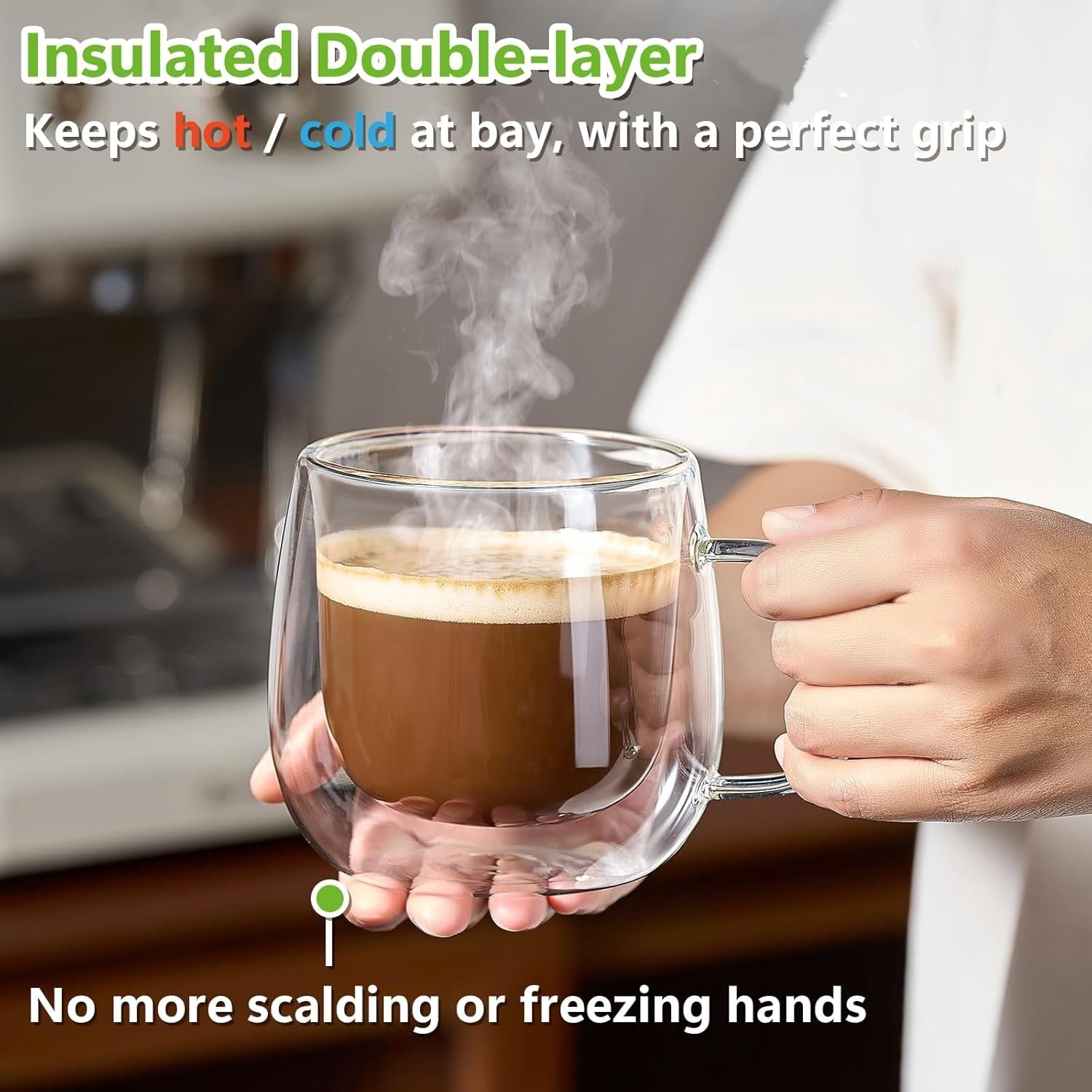 4 Pack Double Walled Glass Coffee Mugs, 16 oz Large Insulated Clear Coffee Cups with Handle, Cappuccino Mug for Espresso, Latte, Americano, Tea Bag, Beverage, Heat & Cold Resistant