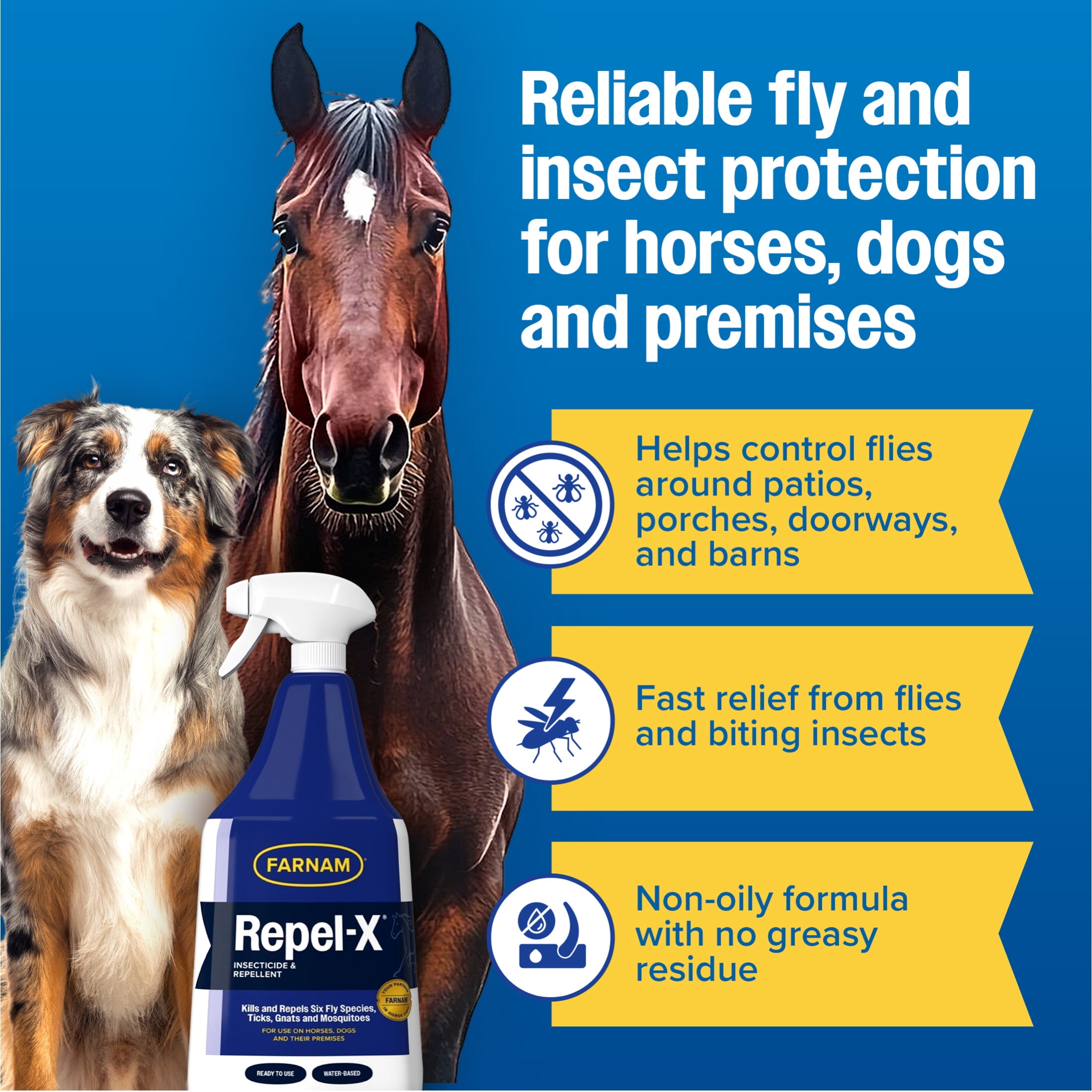 (2 pack) Farnam Repel-X Emulsifiable Fly Spray for Horses and Dogs, Insect Repellent for Flies, Mosquitoes, Ticks & Gnats Ready-to-Use, 32 Fl Oz