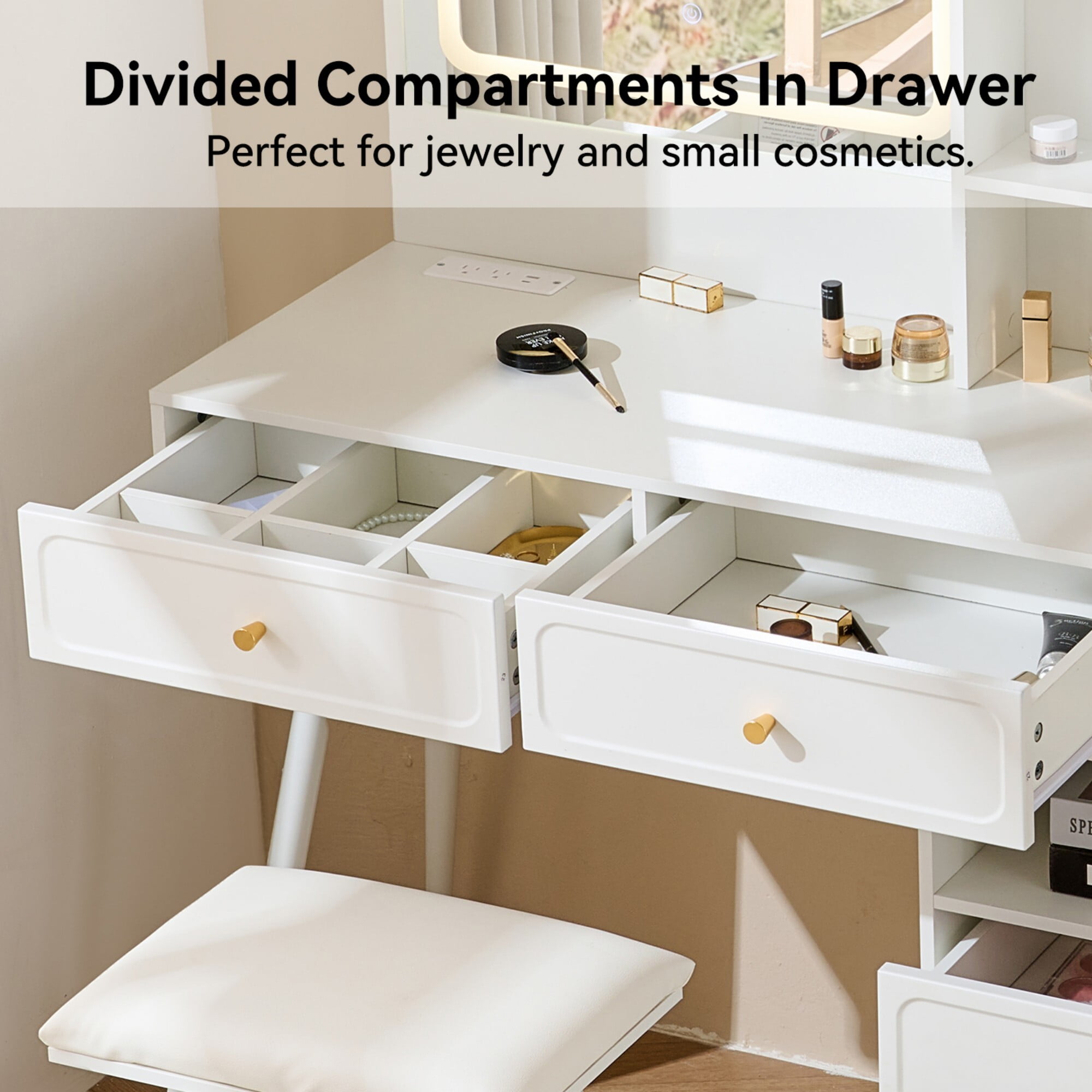 AENKYO Vanity Desk with LED Mirror, Built-in Outlets & Adjustable Cabinet, Modern Makeup Table with Stool, White