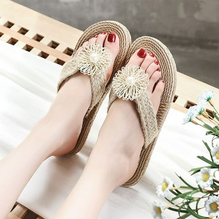 

Fashion Spring And Summer Women Slippers Cotton Linen Flip Flops Pearl Flowers Woven Beach Flat Bottom Beach Flip Flops for Women Size 8 Clear Flip Flops for Women Flip Flop Women Summer Flip Flops
