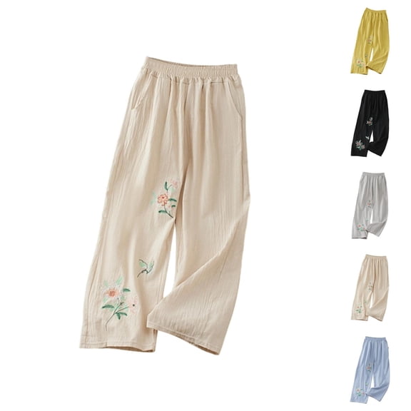 Cotton Linen Pants for Women 2026 Spring Summer Loose Elastic Waist Wide Leg Flower Embroidery Beach Pants with Pockets