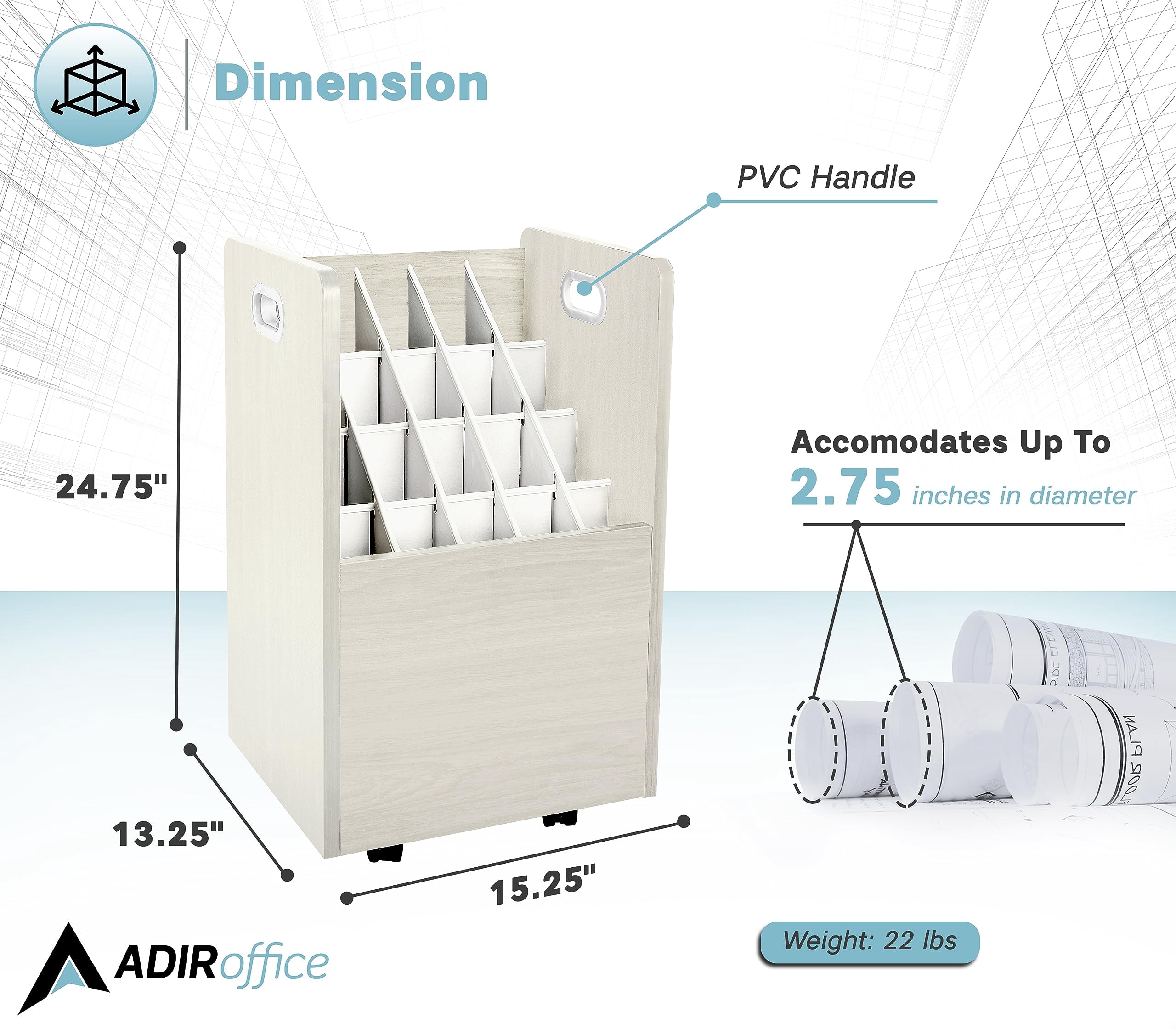 Adir Blue Print Storage Organizer- Mobile Roll File Cart, Construction Plan Holders, Blueprint Cabinet with Wheels (20 Slots, White)