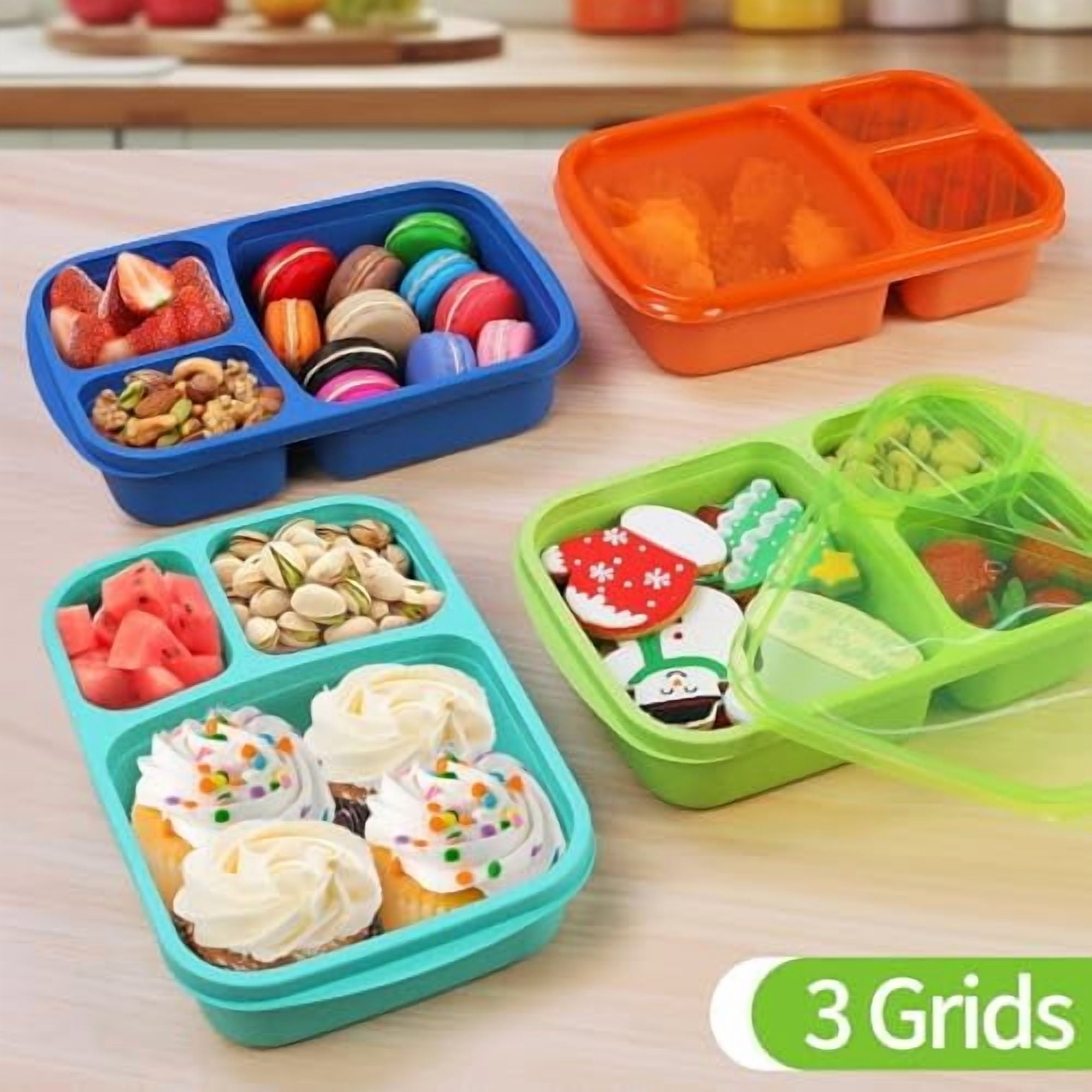8 Pack Bento Lunch Box Set 3 Compartment Wheat Straw Meal Prep Food Storage Containers Plastic, Microwave and Dishwasher Safe （Jewel Brights）