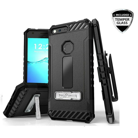 for Google Pixel XL Tempered HD Glass and Phone Case Heavy Duty Shock Absorption Kickstand Armor Case with Belt Swivel Clip Holster Cover (Black)