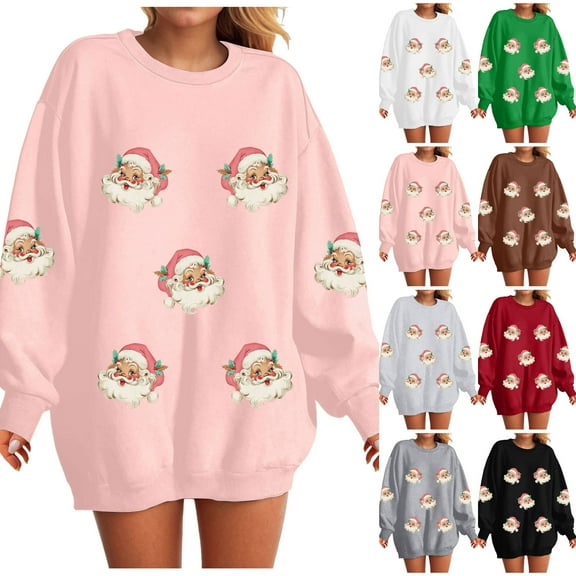 TTUHYWXI Women Sparkle Sequin Christmas Sweatshirt Santa Graphic Crewneck Sweater Long Sleeve Xmas Pullover Tops (Pink, S)