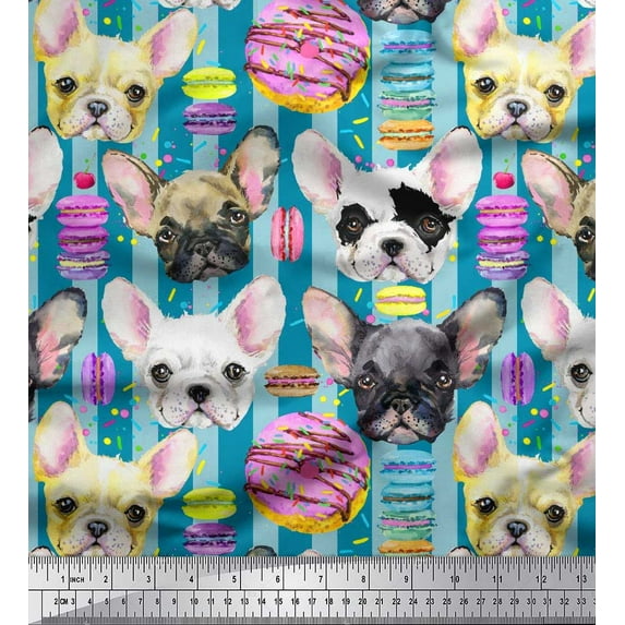 Soimoi Poly Georgette Fabric Stripe,Donut & Puppies Face Dog Decor Fabric Printed Yard 52 Inch Wide