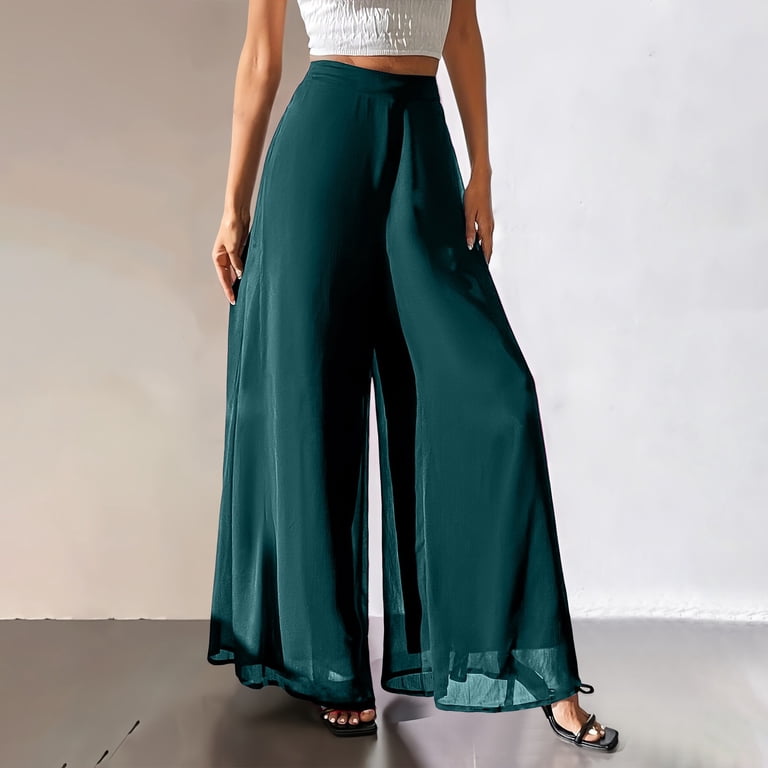 Zjunqe Chiffon Pants for Women Chiffon Palazzo Pants High Waisted Wide Leg Flowy Dress Pants with Pockets Wide Leg Palazzo Pants High Waisted Flowy