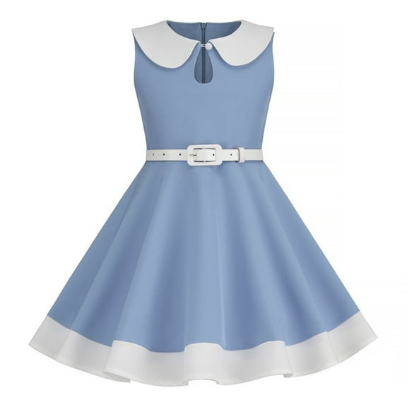 Mercatoo Kids Girls Swing Part𝘆 Dress Retro P𝐞ter Pan Doll Collar Wedding A Line Dress Summer Casual Skater Dress