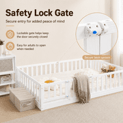 Zimtown Montessori Floor Bed Frame, Full Size Kids Toddler Bed with Fence and Door, Wooden Platform Bed, White
