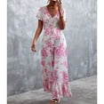 thumbnail image 3 of V Neckline Dress, Print Floral Dress Short Sleeve Drawstring High Waist  For Summer ANGGREK Blanco XXL, 3 of 6