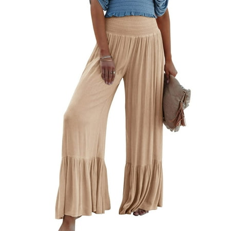 

MISOWMNJOY Women Wide Leg Palazzo Lounge Pants Elastic Waist Ruffle Flowy Trousers Solid Loose Comfy Pajama Bottoms