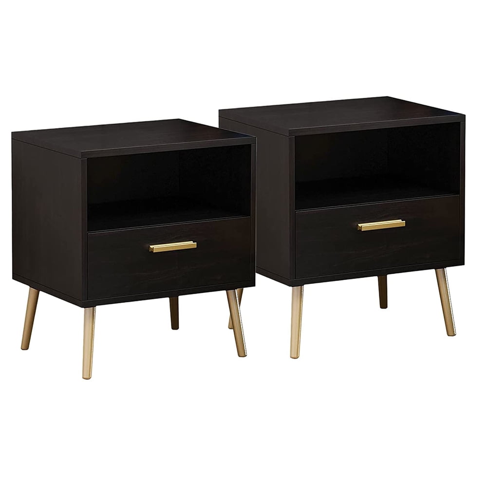 Modern Night Stand End Table with Drawer, Set of 2 Black Nightstand