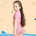 thumbnail image 3 of Girls' 2-Piece Swimsuit Set with Unicorn Rainbow Stripe Design & Ruffle Shorts, Short Sleeve Bathing Suit for 4-8 Year Olds (Pink), 3 of 6