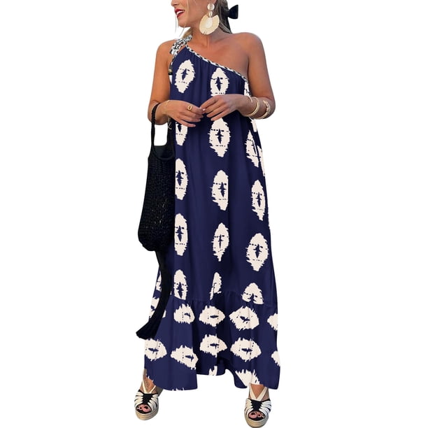 Vestido PRETTYGARDEN Maxi Floral Azul Marino de Un Solo Hombro Talle Grande