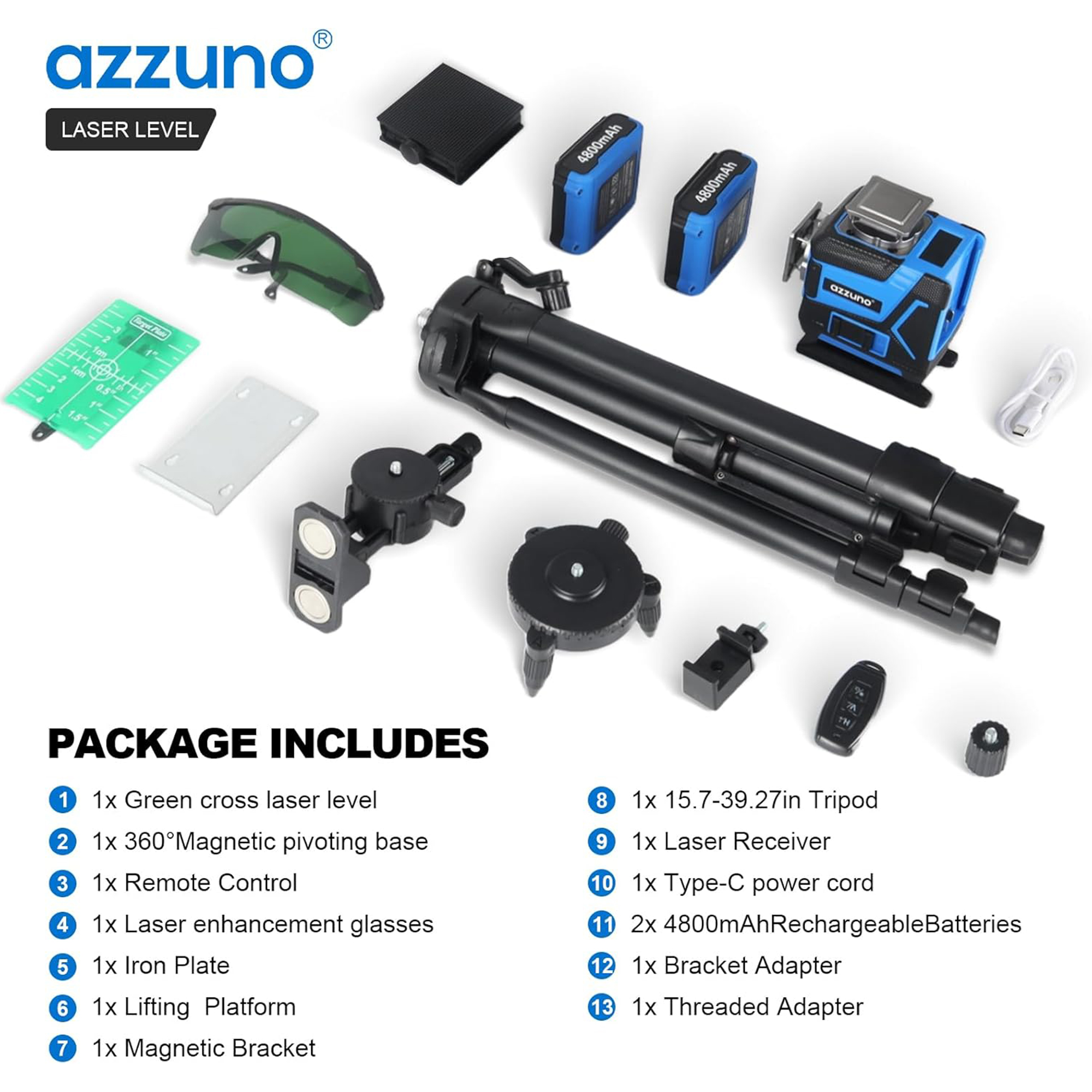 AZZUNO  Laser Level with Tripod, 4x360 Laser Level 360 Self Leveling for Picture Hanging with 2x4800mAh Li-ion Battery, Ideal for Outdoor, Construction, Tile