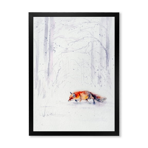 Designart 'Red Fox Running In White Snow in Countryside II' Farmhouse Framed Art Print