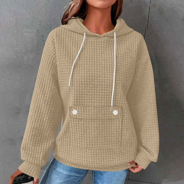 HongQid Womens Hoodies Casual Long Sleeve Drawstring Waffle Pullover Tops Loose Hooded Sweatshirt with Pocket