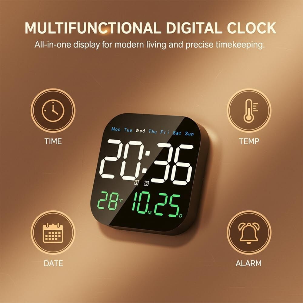 Digital Wall Clock Large Display 2026 | LED Alarm Clock with Remote, Temperature, Calendar Day, Dimmable Brightness, Timer | Battery Operated for Wall or Desk | Modern Home Bedroom Office