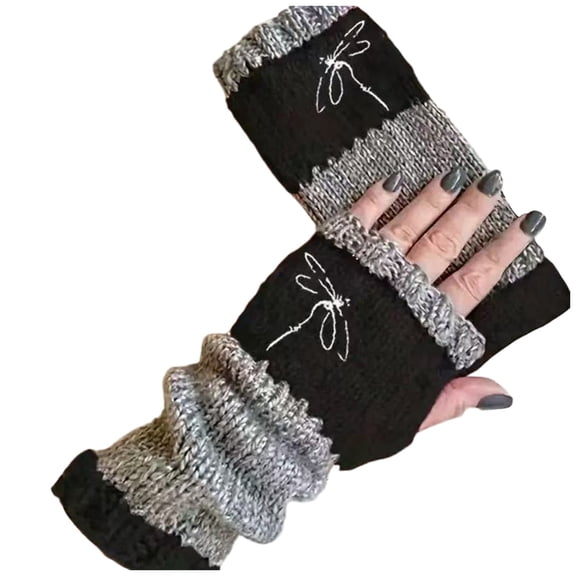 HNMKIU Lux Winter Half Toe Fashion Knit Gloves With Embroidered Warm Legislative Design For Cozy Outdoor Use Black,One Size