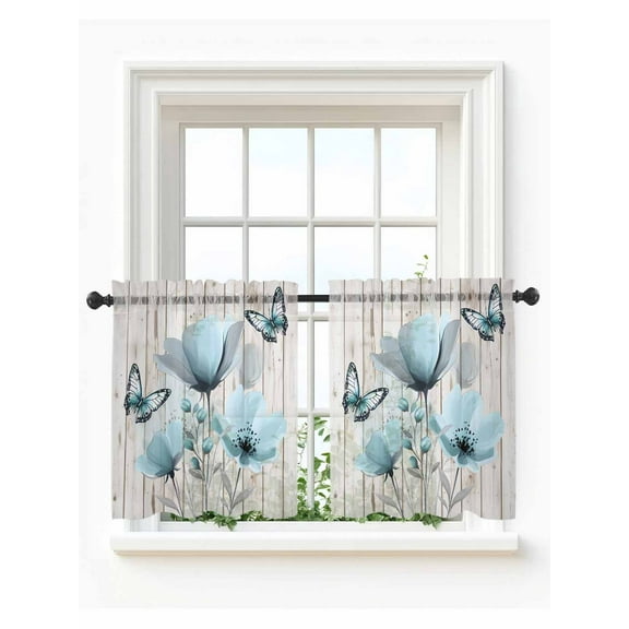 Blue Tulip Tier Curtains 24 Inch Length,Sheer Curtains for Bedroom Living Room,Country Spring Butterfly Floral Wooden Grain Rod Pocket Voile Drapes Kitchen Curtains Small Window 27.5"x24" 2 Panels
