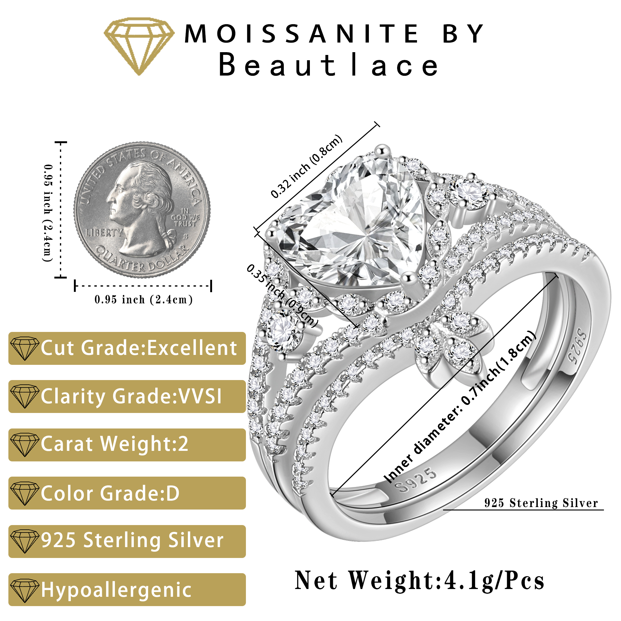 Beautlace Heart Engagement Rings Set for Women,Moissanite 2 CT Promise Ring Wedding Band for Her,925 Sterling Silver Love Heart Bridal Ring Set Birthday Valentines Jewelry Gifts for Girlfriend Wife