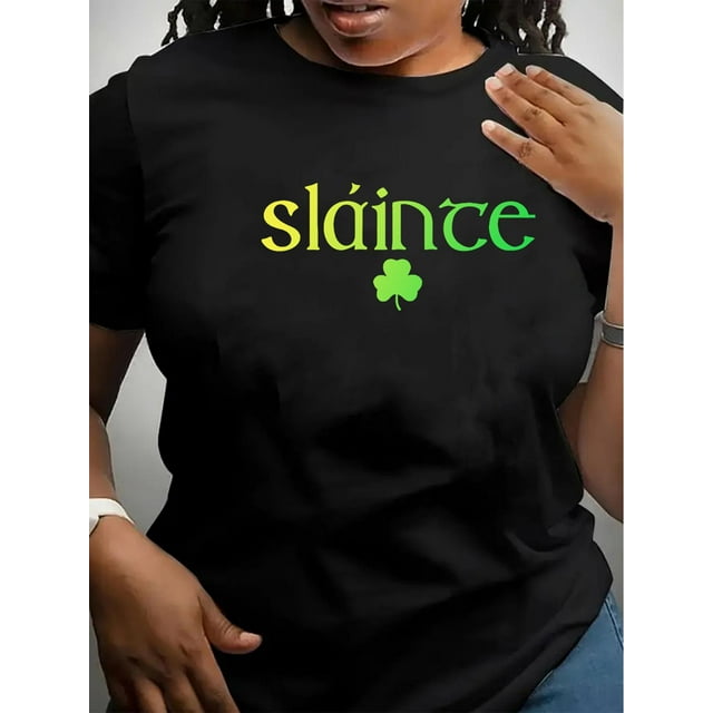 Camisetas para mujer, de verano, casual, manga corta, cuello redondo, con estampado, color blanco negro, blusaWomen's Fashion Clover Print T-Shirt - Casual Round Neck Short Sleeve, Stretchy Polyeste