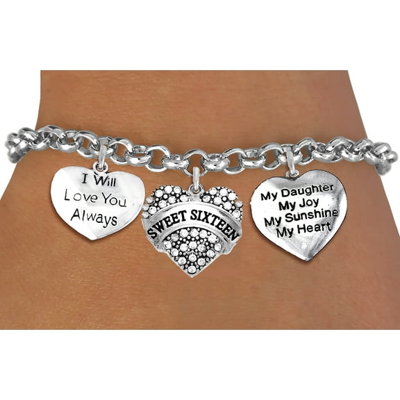 Sweet Sixteen Adjustable Bracelet, Will Fit Everyone. Nickel, Lead, And Cadmium Free. I Will Love You Always, Genuine Austrian Crystal Heart, My Daughter, My Joy, My Sunshine, My Heart Charms. ©2023