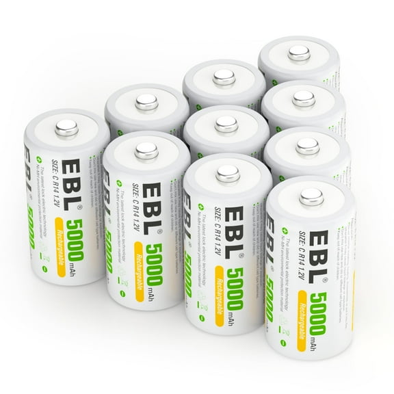 EBL Size C Rechargeable Batteries, 10 Pack 5000mAh R14 Nimh Batteries
