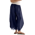 thumbnail image 2 of Dwellite Women's Cropped Lace-Hem Pants High Waisted Drawstring Wide Leg Pants Casual Lightweight Trousers with Pockets Dark Blue 2XL, 2 of 6