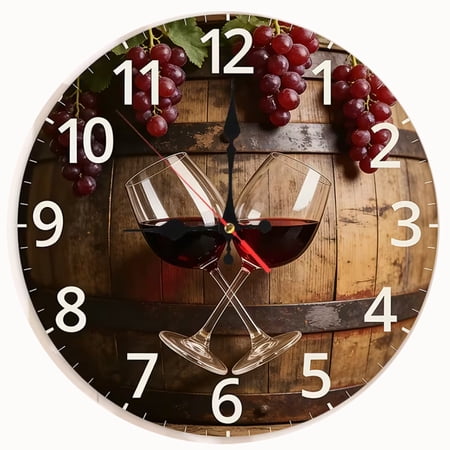 2D Flat Wooden Wall Clock,Wine-Themed Wall Clock with Crossed Wine Glasses & Grapes,for Nursery,Kitchen,Office - Elegant Wine Barrel Decor Gift Suitable for Home - AA Battery Not Included,10in