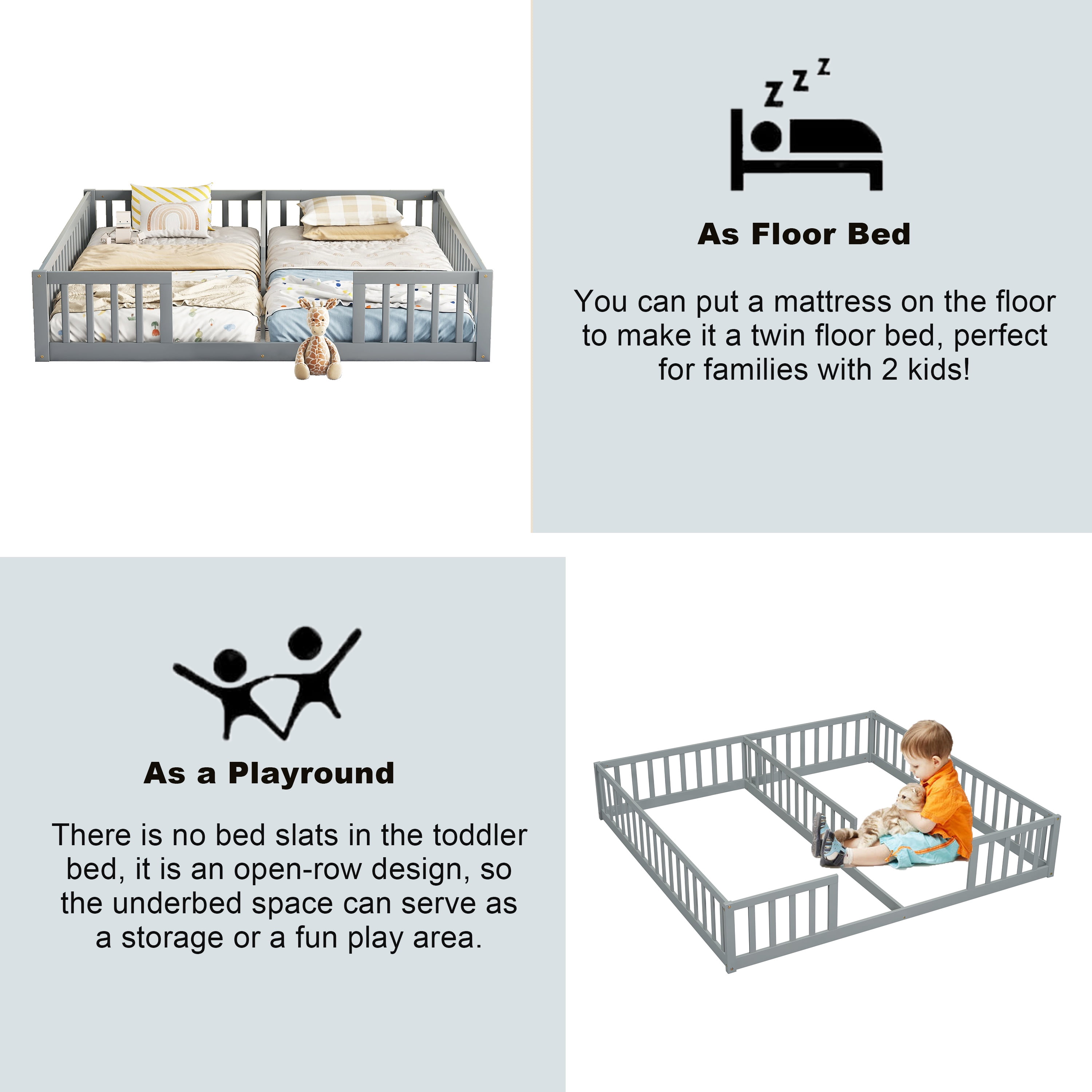 Bellemave Twin Floor Bed for 2, Wood Double Floor Bed with Fence, Two Montessori Bed Side by Side for Bedroom (Gray)