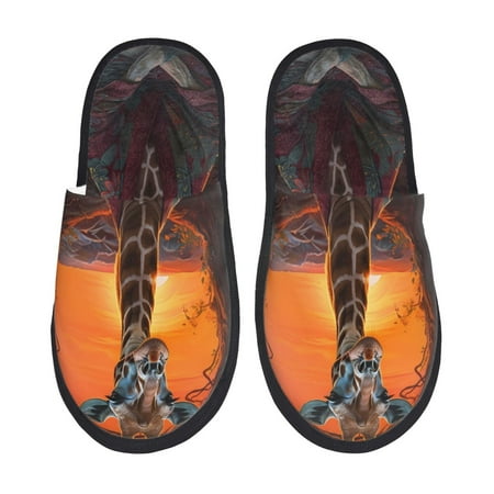 Balery Tree Hollow Meditating Giraffe Slient Indoor Furry Fleece Comfort House Shoes Soft Non-Slip Home Shoes Cotton slippers House Slippers-- Large