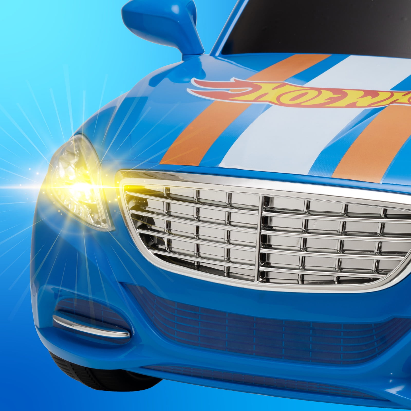 Hot Wheels 6V Battery-Powered Convertible Ride-On Car for Kids, Blue with Racing Stripes