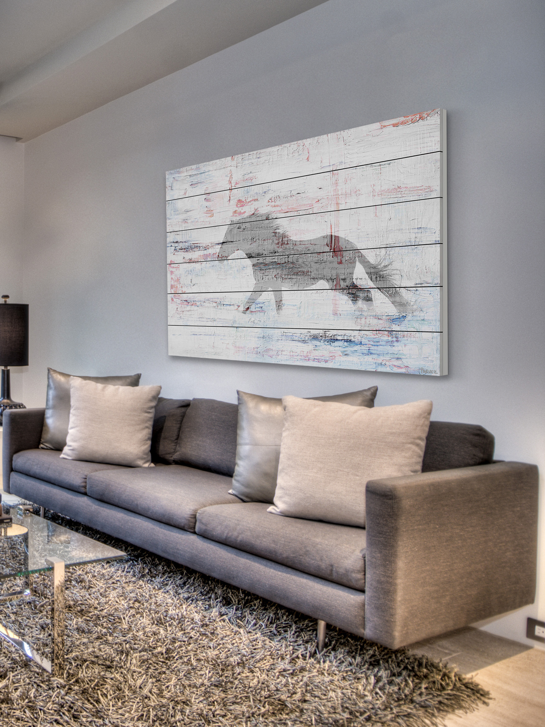 "Grey Horse Trot" Painting Print on White Wood