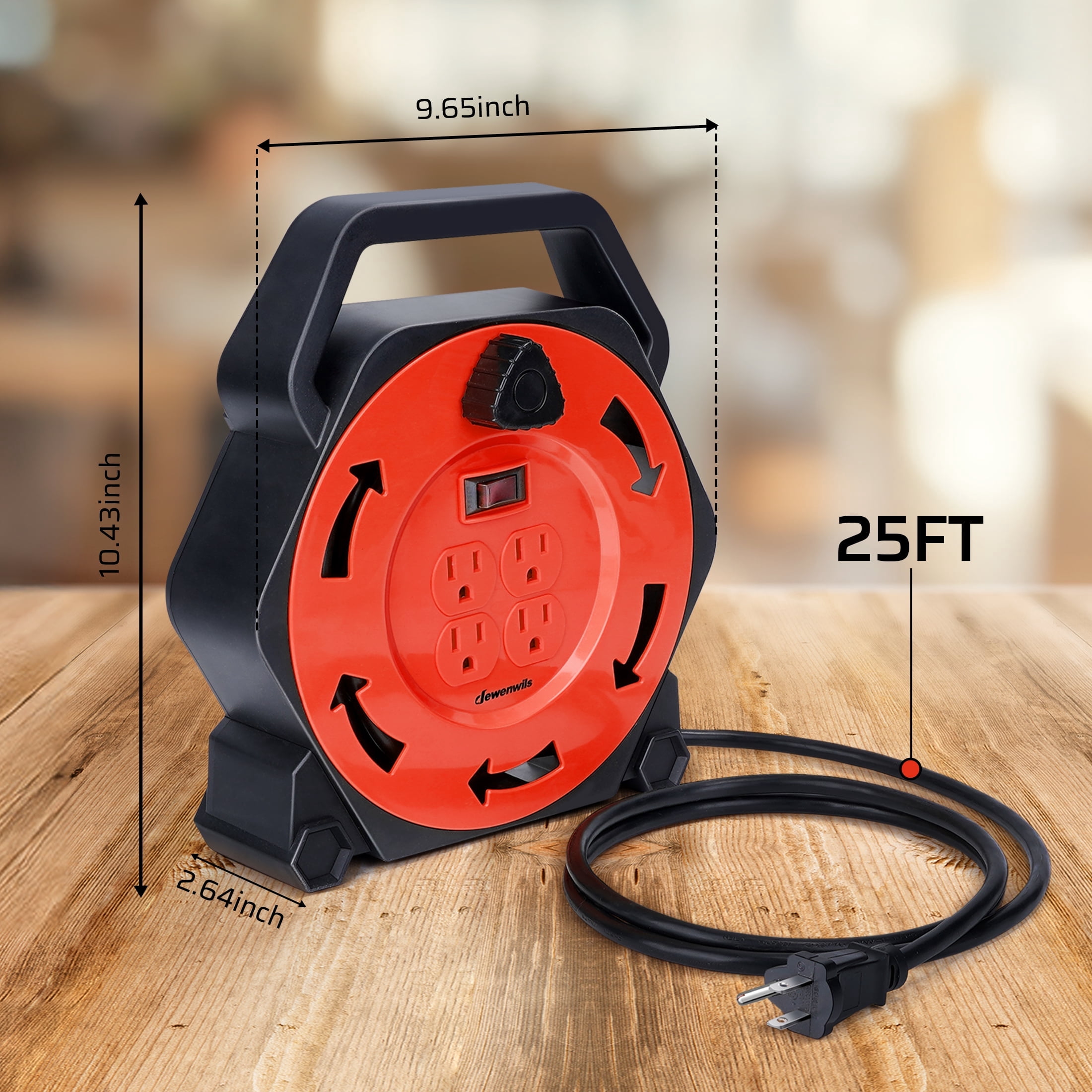 DEWENWILS Extension Cord Reel with 25 FT Power Cord, for Christmas and New Year Hand Wind Retractable, 16/3 AWG SJTW, 4 Grounded Outlets, 13 Amp Circuit Breaker,Black and Red, UL Listed