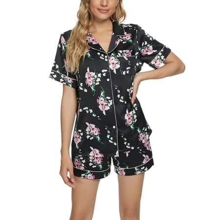 

Unique Bargains Womens Floral Button Down Shirt Shorts Satin 2pcs Pajama Sleepwear Sets