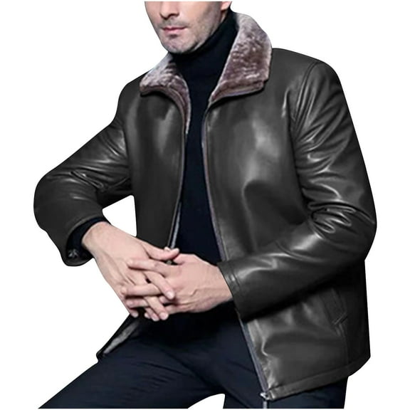 KeShDi Mens Winter Coat Men's Fashion Motorcycle Solid Color Zipper Pocket Leather Long Sleeved Jacket Black 2X