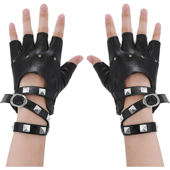 YooGuoGuo Black Leather Punk Gloves Fingerless Gloves Biker Punk Gloves with Belt Up Closure and Rivet Design for Women Teens Girls